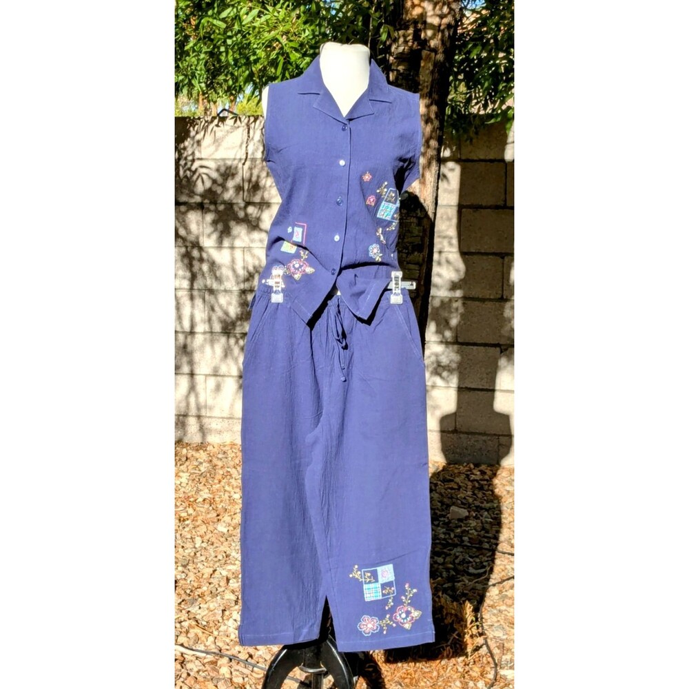 VTG Jane Ashley Relaxed Cotton Navy 2-Pc Shirt Vest & Pants Womens Small Set EUC